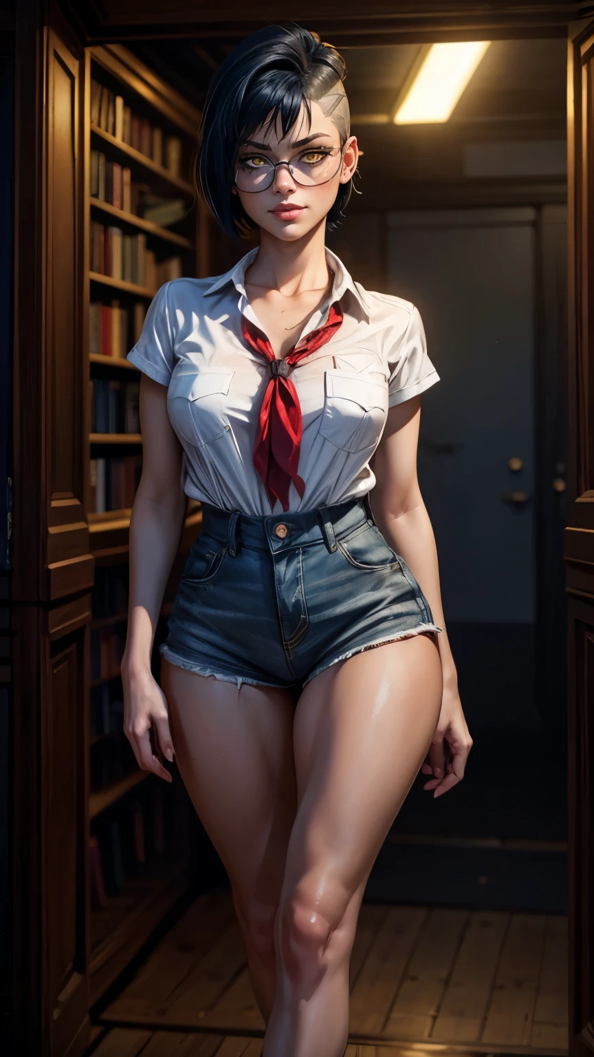 high-quality image, detailed image, 16k, muted colors, a frame from a cyberpunk fantasy movie, realistic picture, hollywood film, old library with neon advertising, in the center of the frame is the entrance to a library, an android girl stands next to it, short disheveled hair with multicolored strands, thin, narrow shoulders and waist, tall and slender, long legs, mechanical joints are visible, instead of skin, the body is covered with flesh-colored pieces of plastic, in some places the seams connecting it to each other are visible, works as a barker, with his hands he points to the entrance, he looks at you and smiles, half_buzzcut_hairstyle, yellow eyes, dark blue hair, huge ahoge, lib_bg, bookshelfs, pioneer neckerchief, bangs, shirt, collarbone, very tight white shirt, short sleeves, collared shirt, eyelashes, red neckerchief, breast pocket