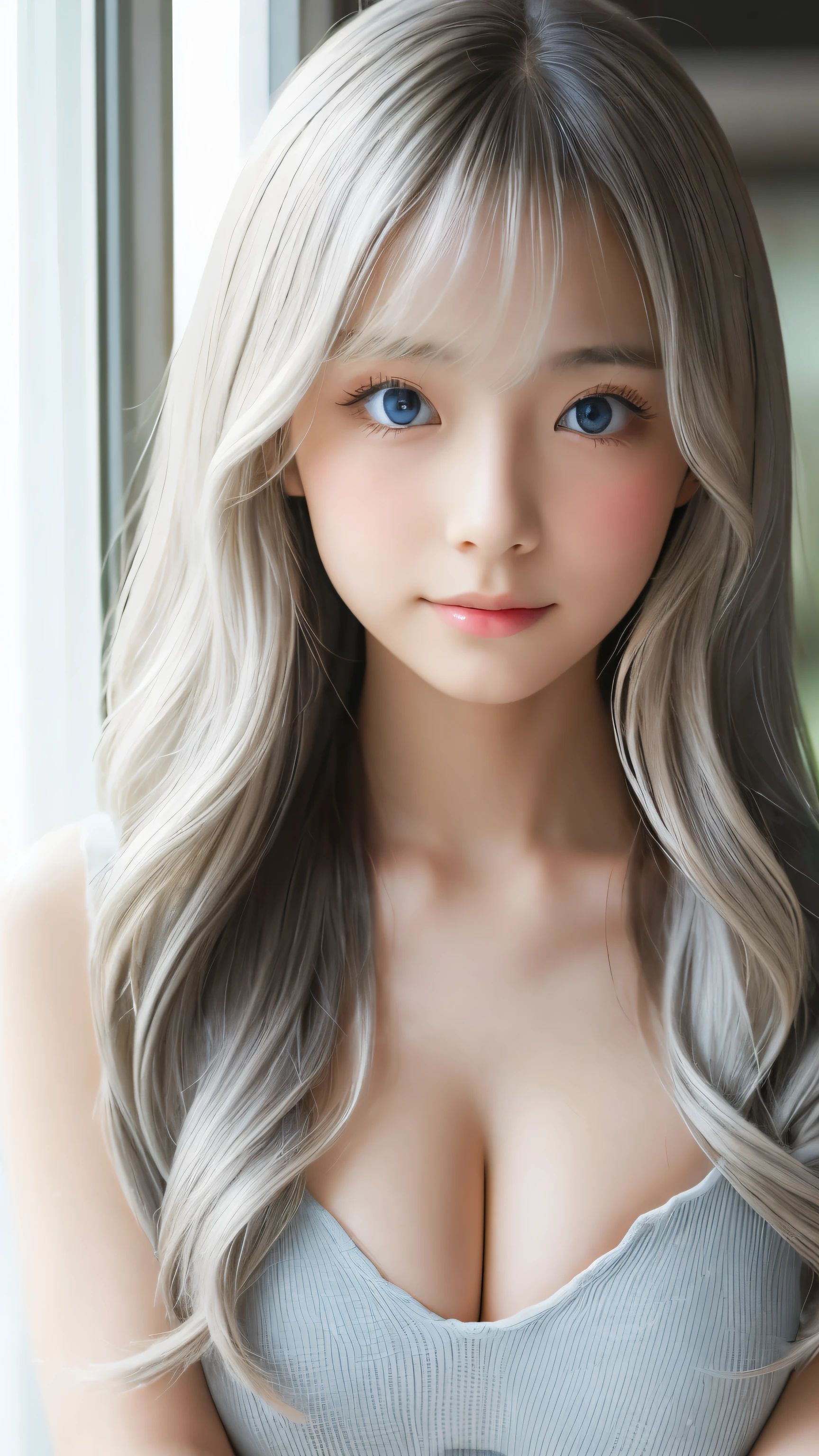 highest quality、Realistic、zoom、Chestnut Hair、Gray Eyes、Silver Hair、Wedding Lingerie、tiara、Sunburned、Tan、Brown Skin、Sweat、smile、、Ocean、Chubby、