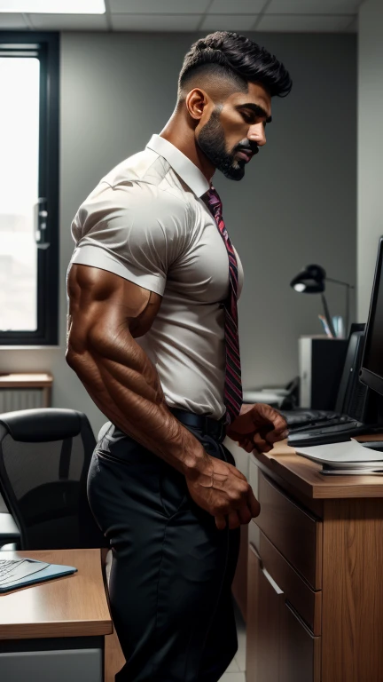 From side view, Black man wetty body and hair getting dressed for office , pain is ragging on face, mouth open during moaning and pain, Handsome Indian 30 years old beared businessman standing and eyes closed, standing and getting dressed for office, stunning visual, profile image, in style of ultra realistic, standing close-up on spread legs, detailed style, functional and elegant look, in style of realistic, crisp details, hd, hdr, D750F nikon camera photography 