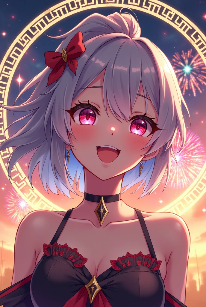 (((best quality)), ((masterpiece)), (details), masterpiece, best quality, high quality, ulutra detailed, perfect face, ((1girl, blue eyes, cat ears: 1.ilver bob hair: 2.5,)) 、Shiny Hair、Glowing Skin、blush、Lustful look、Small breasts、I can see your toned stomach、China dress、Alluring expression，An inviting body、Hot flashes、Small breasts，valley、Sidetiletto heels、Festivals、firework