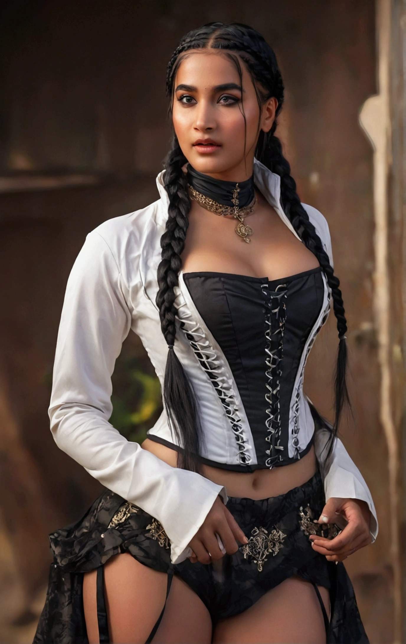 1girl, portrait of beautiful lobapex, athletic, white jacket, corset, skirt, pants, black hair,  black hair, braids, makeup, choker, cleavage, wide hips, volumetric lighting, best quality, masterpiece, intricate details, tonemapping, sharp focus, hyper detailed, trending on Artstation, realistic  anikha, pooja