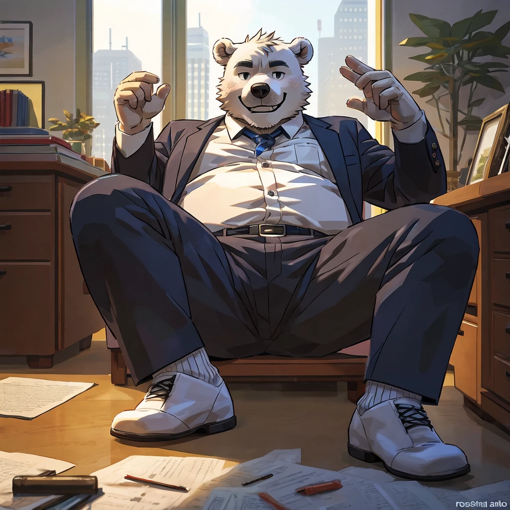 chubby polar bear  male dad office suit  opening white shirt slighly  well built , blue eyes glasses, head crest white hair, levitating relaxing  spread legs, detailed feet five toes  with white  sock, disney profile, full body smug , kemono , high quality , by rossciaco