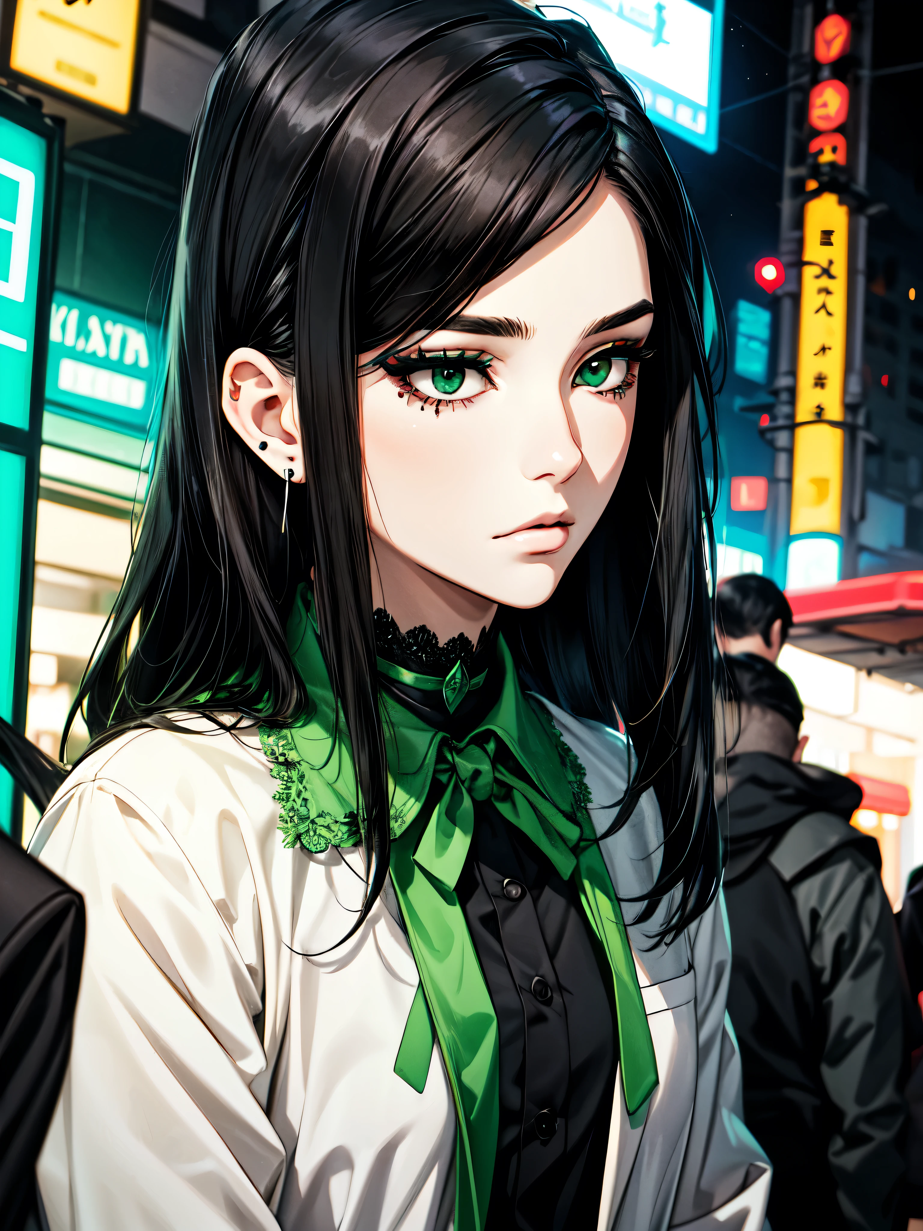 1girl, ((hair over eye)), (tight black lace blazer), black tie, ((long hair)), ((straight hair)), (((black hair))), side swept bangs, white skin, pale, white, (green eye), tired expression, choker, ((dark makeup, mascara, eyeshadow)), (mole under eye), multiple piercings, best quality, 8k, cyberpunk city, neon streets, white shirt, erotic, slytherin