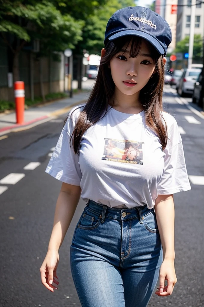 best quality, 8k, very delicate and beautiful, highly detailed face and skin texture, shiny skin, high resolution, huge tits cute japanese girl in t-shirt and thigh denim pants and wearing a cap walking on street, sharp focus