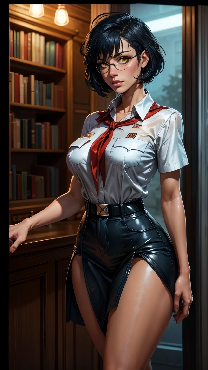 high-quality image, detailed image, 16k, muted colors, a frame from a cyberpunk fantasy movie, realistic picture, hollywood film, old library with neon advertising, in the center of the frame is the entrance to a library, an android girl stands next to it, short disheveled hair with multicolored strands, thin, narrow shoulders and waist, tall and slender, long legs, mechanical joints are visible, instead of skin, the body is covered with flesh-colored pieces of plastic, in some places the seams connecting it to each other are visible, works as a barker, with his hands he points to the entrance, he looks at you and smiles, half_buzzcut_hairstyle, yellow eyes, dark blue hair, huge ahoge, lib_bg, bookshelfs, pioneer neckerchief, bangs, shirt, collarbone, very tight white shirt, short sleeves, collared shirt, eyelashes, red neckerchief, breast pocket