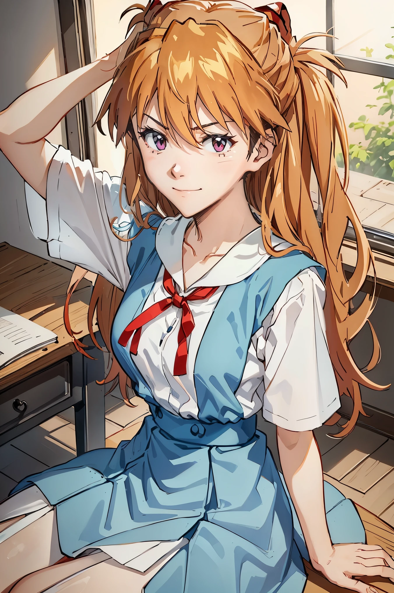 （8K, Highest quality, Pieces fly:1.2)、Dynamic Angle, Ultra-high resolution、anime,1 very cute girl,Asuka Langley,Highly detailed face, Fine grain,blue eyes,,White sailor collar plain short sleeve shirt,Light blue skirt,Light Blue Suspenders,uniform_Red ribbon,Orange Hair,Long Hair、Detailed hand and fingers,put your hands in your hair,Grin、sitting on desk,Shooting from above,classroom