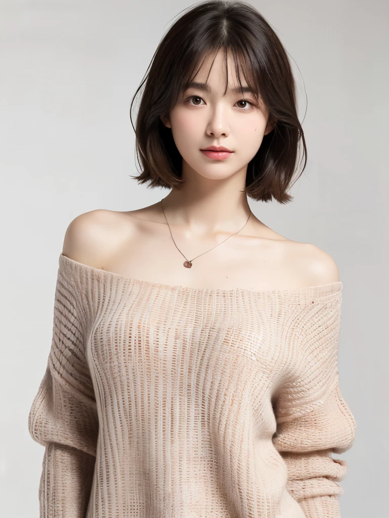 ultra high res, RAW photo, cute japanese women photos, whole body,long sleeve dress, ((very short length brown straight short hair)), (upper half of body), Take a photo from the front,Portrait,surface focus,gentle smile,(light blush), large size_sweater, necklace, indoor, white background,looking at the viewer, mix 4, (realistic Photoreal:1.37), 1 girl, cute, natural lighting, photon mapping, Physically based rendering, shortcut, short hair, Handsome, girly, (clean face), (Detailed facial description), (detailed description of handasseter muscle part), (Detailed CG), Rich details, (exquisite features), (detailed eye), looking forward to your eyes, delicate clavicle, Versatile poses, profile, white wall, Spring clothes, Simple necklace, Don&#3, (photorealistic:1.4), From above, best quality, masterpiece