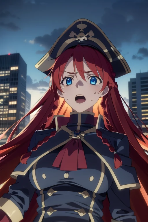 selesiaupitiria, selesia upitiria, long hair, blue eyes, braid, red hair, multicolored hair, twin braids, two-tone hair, big breasts, muscular body
(black pirate long-coat uniform), long-sleeves, (red ascot), epaulettes, (black wide-brim pirate hat), black hat
outdoor, city, night, sky, buildings, moon, clouds, (very dark)
looking at viewer, facing the viewer, (close-up), blush, sweat, open mouth,
(masterpiece:1.2), best quality, high resolution, unity 8k wallpaper, (illustration:0.8), (beautiful detailed eyes:1.6), extremely detailed face, perfect lighting, extremely detailed CG, (perfect hands, perfect anatomy)