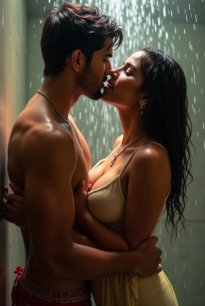 hot scene, love making scene, Hot Indian girl and boy, girl is drenched, boy grabs boob from behind, bathing in shower, short transparent dress, round boobs, cleavage, in shower, street light leak in bathroom, cinematic, girl facing camera