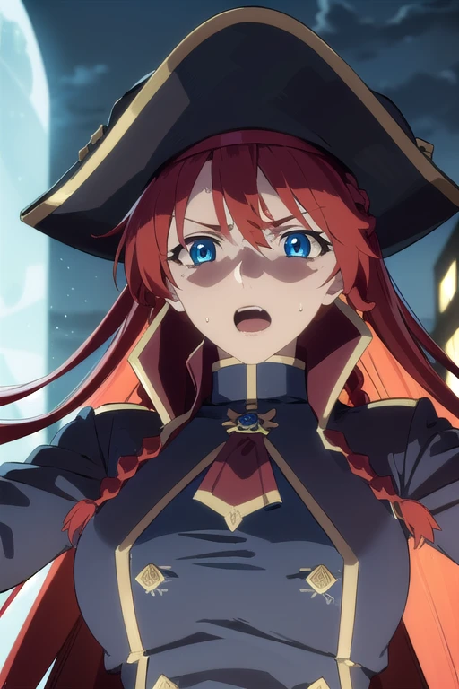 selesiaupitiria, selesia upitiria, long hair, blue eyes, braid, red hair, multicolored hair, twin braids, two-tone hair, big breasts, muscular body
(black pirate long-coat uniform), long-sleeves, (red ascot), epaulettes, (black wide-brim pirate hat), black hat
outdoor, city, night, sky, buildings, moon, clouds, (very dark)
looking at viewer, facing the viewer, (close-up), blush, sweat, open mouth,
(masterpiece:1.2), best quality, high resolution, unity 8k wallpaper, (illustration:0.8), (beautiful detailed eyes:1.6), extremely detailed face, perfect lighting, extremely detailed CG, (perfect hands, perfect anatomy)