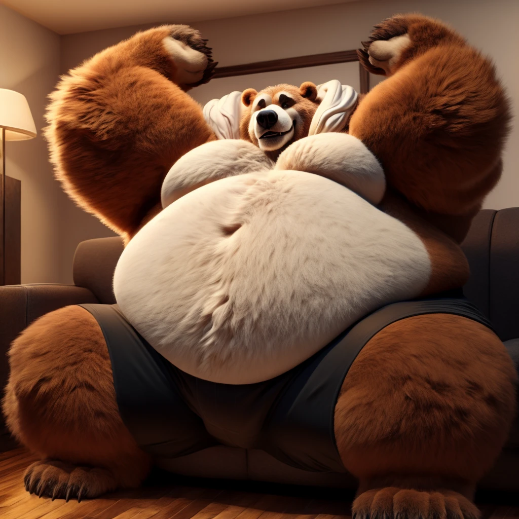 Fat Huge 500 Pounds Daddy Furry CinnamonRoll Beast Grizzly Bear Big Belly, and Large Chunky body and wearing Black Shorts, sitting on the Sofa, His Belly is Bigger, Huge, Fat, Chunky, Furry, Big, and Huge, have his arms up and wanting a Hug