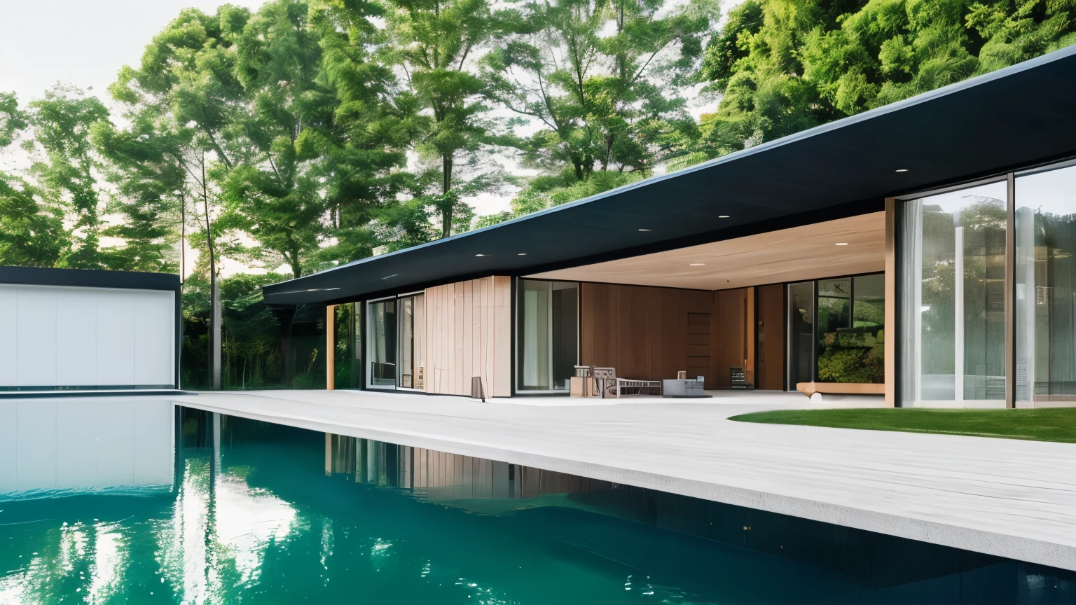 a 1 story modern muji style house, exterior photography, photorealistic, swimming pool, glass walls, minimalist architecture, natural lighting, clean lines, wooden accents, green landscaping, reflection in water, serene atmosphere, HDR, 8k, masterpiece