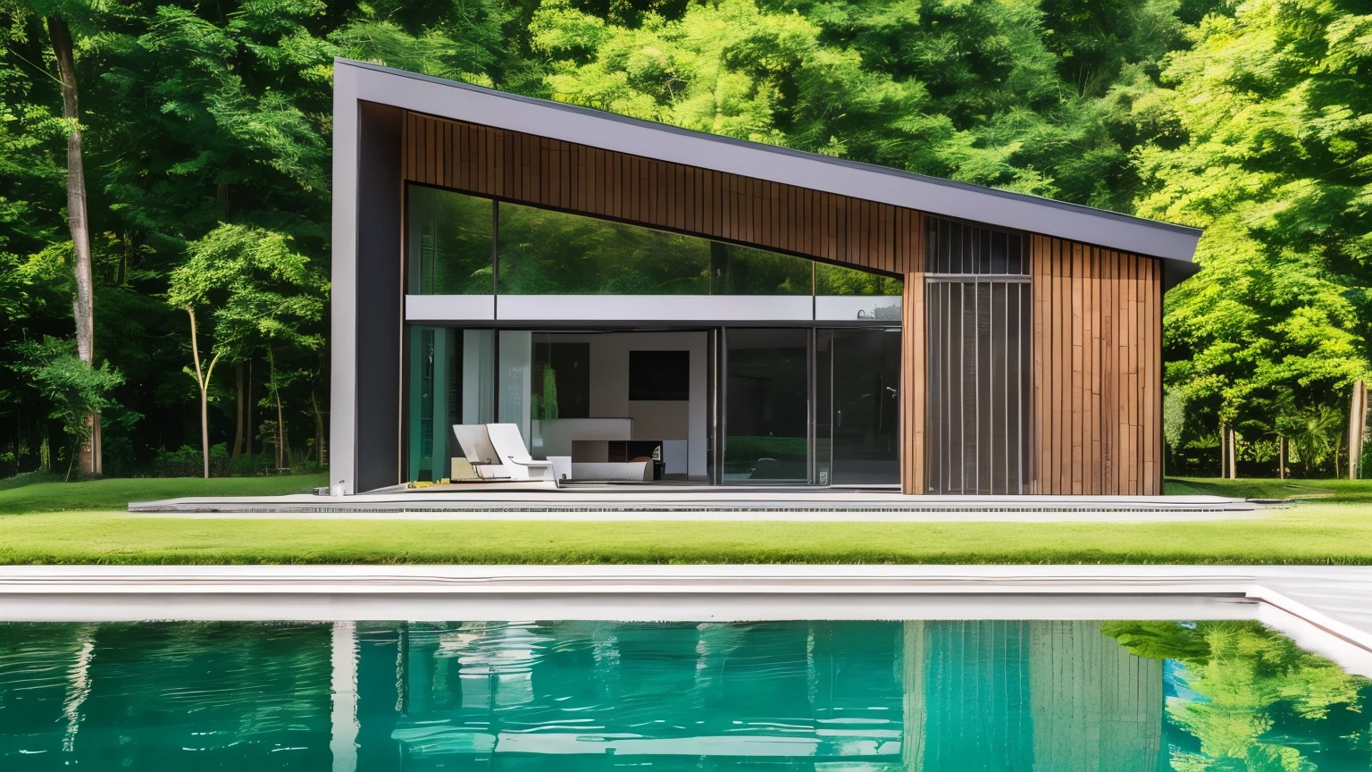 a 1 story modern muji style house, exterior photography, photorealistic, swimming pool, glass walls, minimalist architecture, natural lighting, clean lines, wooden accents, green landscaping, reflection in water, serene atmosphere, HDR, 8k, masterpiece