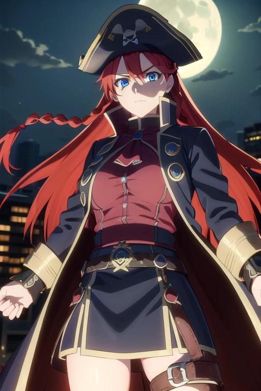 selesiaupitiria, selesia upitiria, long hair, blue eyes, braid, red hair, multicolored hair, twin braids, two-tone hair, big breasts, muscular body
(black pirate long-coat uniform), long-sleeves, (red ascot), epaulettes, belt, belt pouches, miniskirt, (black wide-brim pirate hat), black hat
outdoor, city, night, sky, buildings, moon, clouds, (very dark)
looking at viewer, facing the viewer, (cowboy shot)
(masterpiece:1.2), best quality, high resolution, unity 8k wallpaper, (illustration:0.8), (beautiful detailed eyes:1.6), extremely detailed face, perfect lighting, extremely detailed CG, (perfect hands, perfect anatomy)