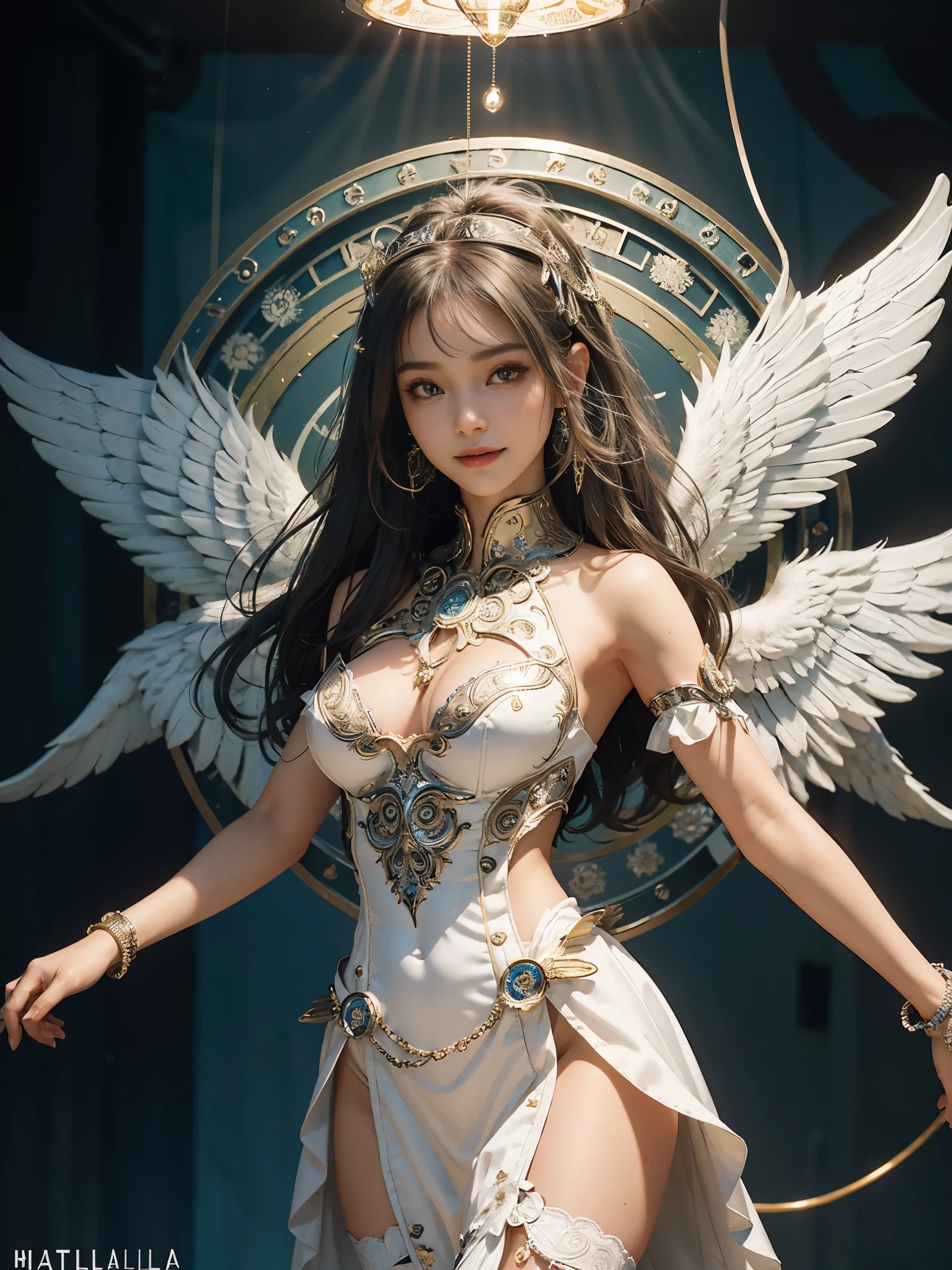 top-quality、masterpiece、超A high resolution、(Photorealsitic:1.4)、Raw photo、女の子1人、Black hair、glowy skin、1 Mechanical Angel、large metal wings、Shining Angel Circle、((super realistic details))、portlate、globalillumination、Shadow、octan render、8K、ultrasharp、Colossal tits、Raw skin is exposed in cleavage、metals、Details of complex ornaments、Steampunk details、Matsumoto Meter、meter、vacuum tubes、Nixie Kan、Oil pressure gauge、Glass Kan、Analog Meter、gear wheel、gear、Golden hydraulic cylinder、highly intricate detail、Realistic light、CGSoation Trends、a purple eye、radiant eyes、Facing the camera、neon details、Mechanical limbs、blood vessels connected to tubes、Mechanical vertebrae attached to the back、mechanical cervical attaching to neck、sitting on、Wires and cables connecting to the head、evangerion、Small LED lamp、