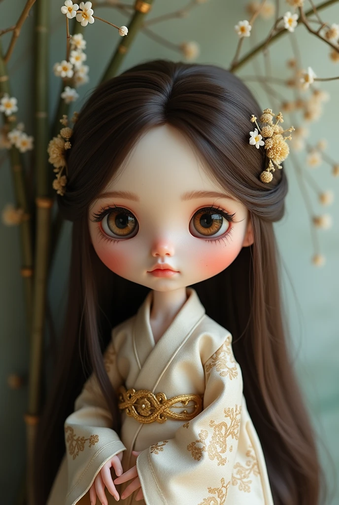 There is a doll wearing a pink dress and a white shawl, pale and coloured kimono, ball jointed doll, art doll, wearing a pink floral chiton, in kimono, ((wearing a noble's robes)), pale pink and gold kimono, highly detailed kimono, classic kimono, kimono, ( ready-made ), wearing kimono, wears long flowing clothes