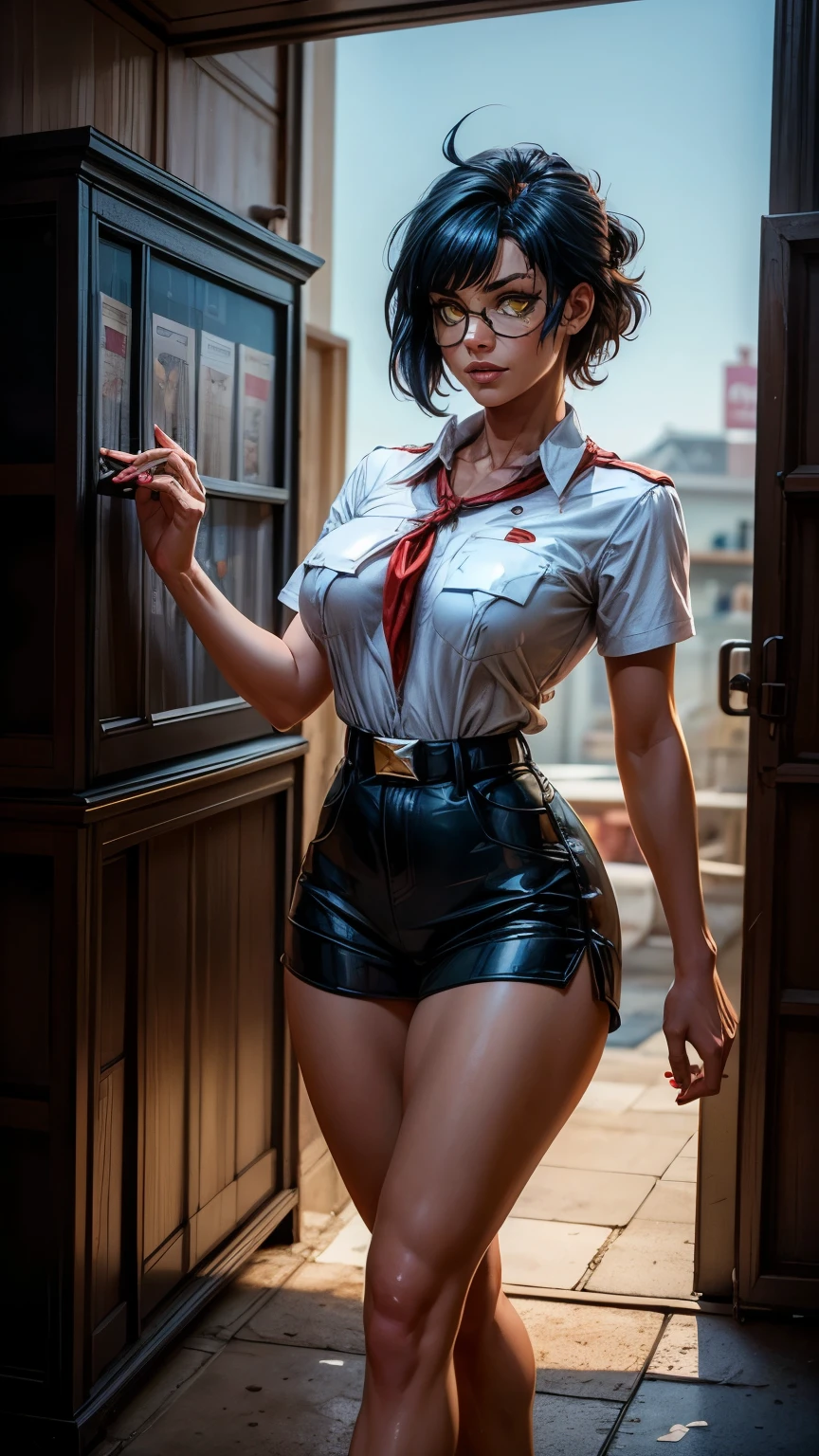 high-quality image, detailed image, 16k, muted colors, a frame from a cyberpunk fantasy movie, realistic picture, hollywood film, old library with neon advertising, in the center of the frame is the entrance to a library, an android girl stands next to it, short disheveled hair with multicolored strands, thin, narrow shoulders and waist, tall and slender, long legs, mechanical joints are visible, instead of skin, the body is covered with flesh-colored pieces of plastic, in some places the seams connecting it to each other are visible, works as a barker, with his hands he points to the entrance, he looks at you and smiles, half_buzzcut_hairstyle, yellow eyes, dark blue hair, huge ahoge, lib_bg, bookshelfs, pioneer neckerchief, bangs, shirt, collarbone, very tight white shirt, short sleeves, collared shirt, eyelashes, red neckerchief, breast pocket