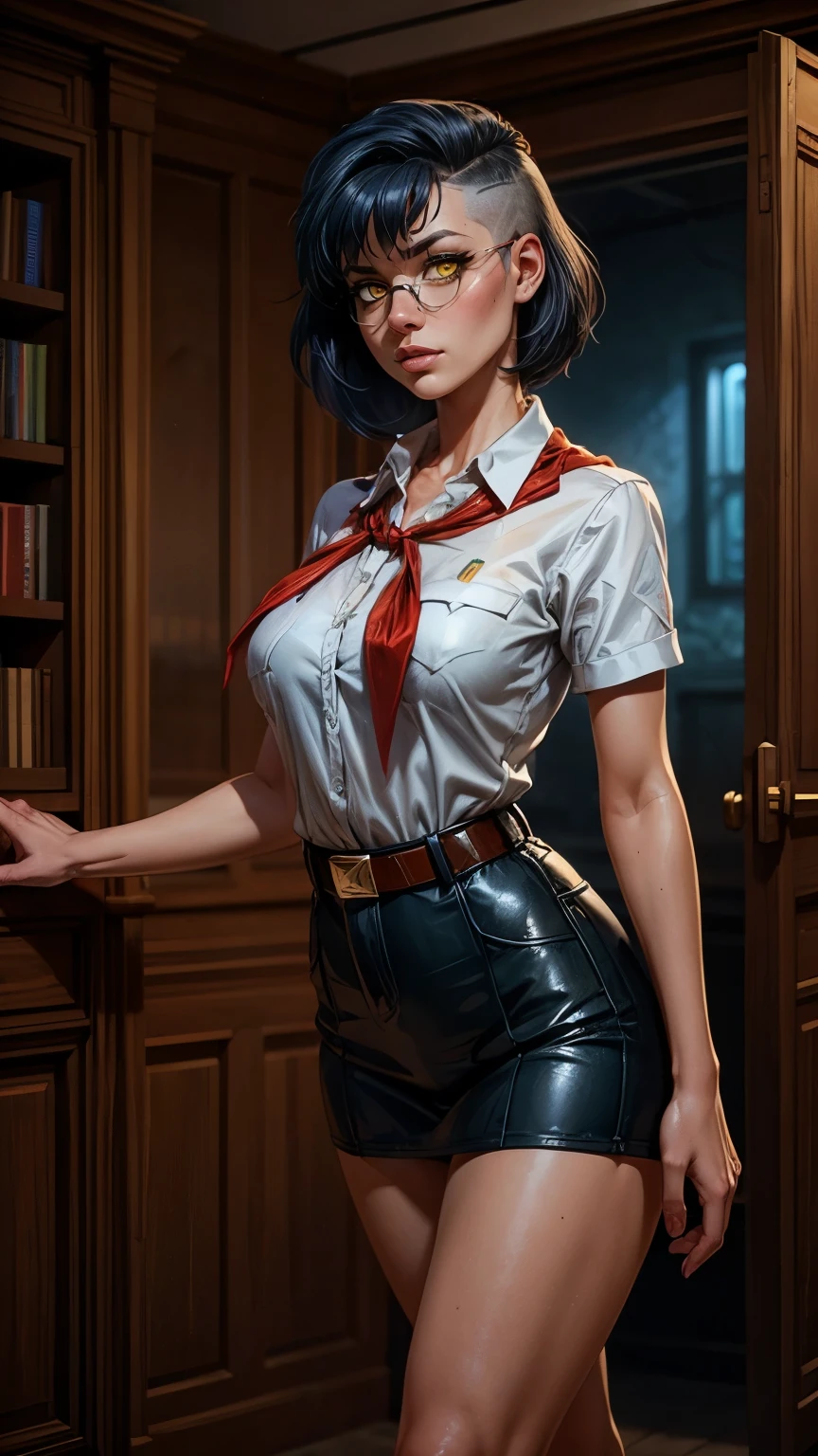 high-quality image, detailed image, 16k, muted colors, a frame from a cyberpunk fantasy movie, realistic picture, hollywood film, old library with neon advertising, in the center of the frame is the entrance to a library, an android girl stands next to it, short disheveled hair with multicolored strands, thin, narrow shoulders and waist, tall and slender, long legs, mechanical joints are visible, instead of skin, the body is covered with flesh-colored pieces of plastic, in some places the seams connecting it to each other are visible, works as a barker, with his hands he points to the entrance, he looks at you and smiles, half_buzzcut_hairstyle, yellow eyes, dark blue hair, huge ahoge, lib_bg, bookshelfs, pioneer neckerchief, bangs, shirt, collarbone, very tight white shirt, short sleeves, collared shirt, eyelashes, red neckerchief, breast pocket