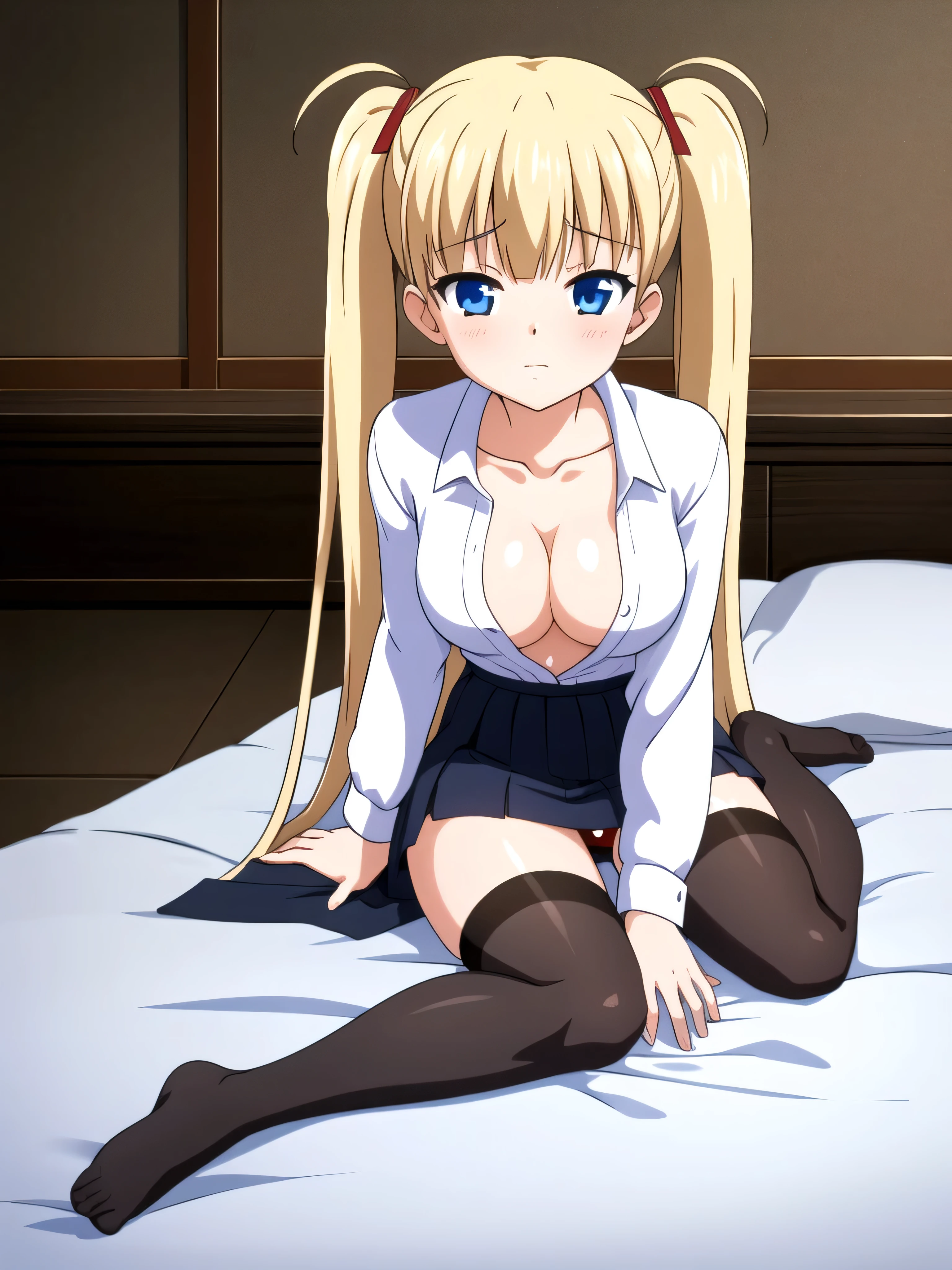 (masterpiece, Best Quality:1.2), absurdities, perfect anatomy, owtech, stylized, 1 girl, full body, looking at the viewer, blunt bangs, Focus only, Soft lighting, (blue eyes), blonde hair, very long hair, twintails, Airi Akizuki, breast, A beautiful and seductive girl, sexy body, black thighhighs, black stockings, wearing an unbuttoned white shirt, no bra, panties, Lying on white sheets, top view.