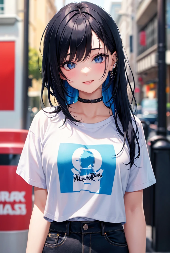 selfie, hair behind ear, makeup, dark blue hair, blue hair, black hair, blue and black gradient hair, messy hair, wavy hair, cat ears, long hair, blue eyes, mall, shopping centre, smile, breasts, tshirt