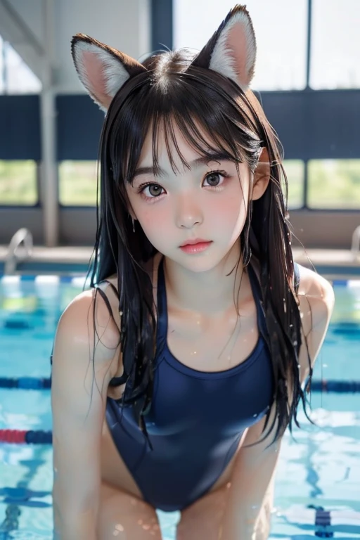 masterpiece, Highest quality, 一人のgirl, (Beautiful girl, cute:1.3), (15 years old:1.3), Very fine grain definition, (Symmetrical eyes:1.3), (stage),),((Wet school swimsuit)) (Navy school swimsuit:1.3),((cuteポーズ)) ,Very detailedな明瞭さ, (Symmetrical eyes:1.3), (School swimming pool, indoor:1.3), Small breasts, Brown eyes, ((Twin tails)), Brown Hair, girl,, (Eye and facial details:1.0),, (masterpiece, Highest quality, Very detailed, Detailed face, 8K)