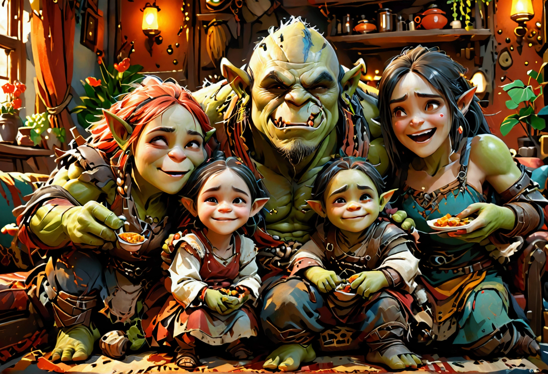 orc family sitcom, 1orc father, 2orc children, orc mother, family dinner, laughing, cozy living room, sofa, warm lighting, vibrant colors, cartoon style, comedic tone, detailed character expressions, dynamic poses, high quality 3d render, photorealistic