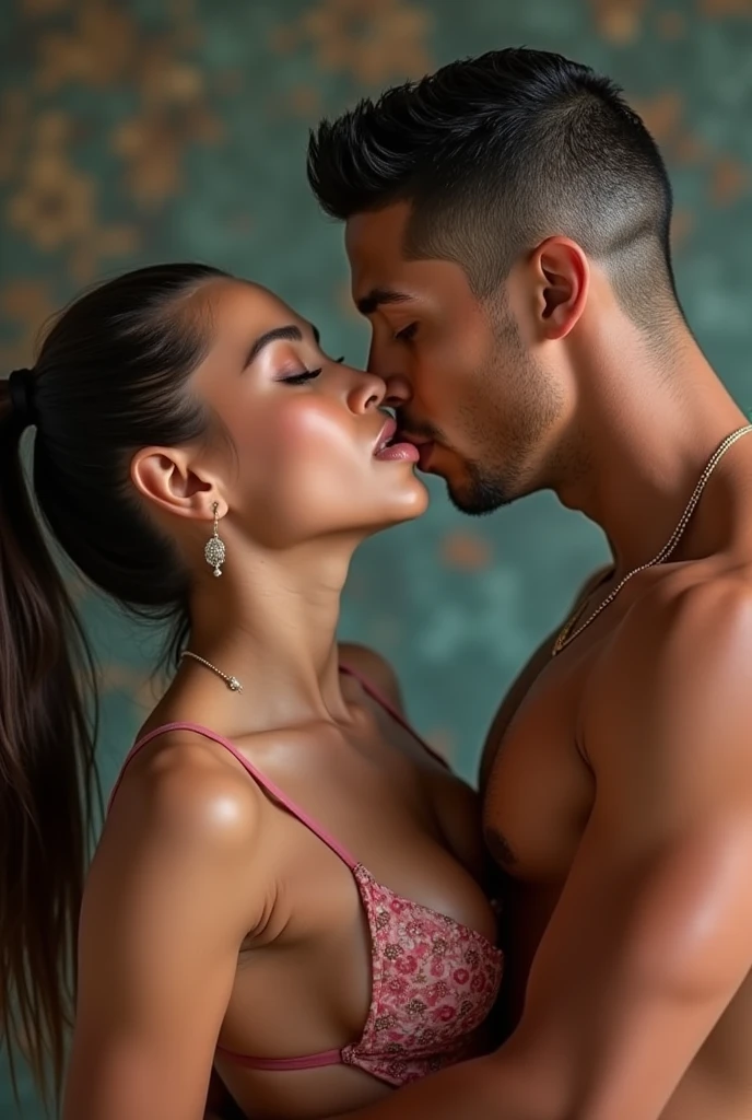 Bruna Marquezine, a  girl, image ultra realistic, (brazilian actress bruna marquezine), Profile, wearing very small super sexy maid clothes with a ((man of 40 years old, nsfw))
