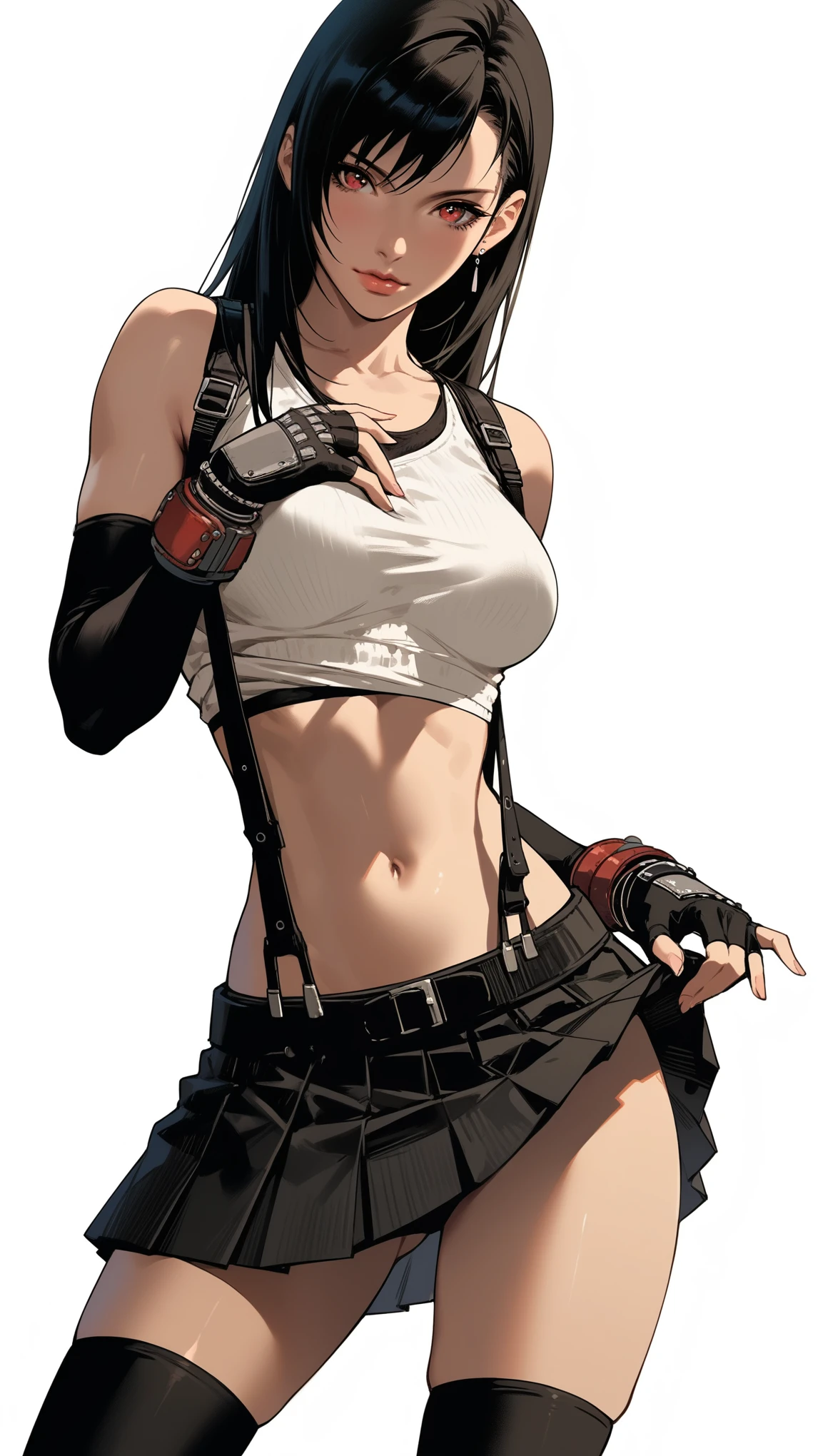 score_9, score_8_up, score_7_up, score_6_up, dark theme，sinozick style
hanaflans final_fantasy final_fantasy_VII final_fantasy_VII_rebirth final_fantasy_VII_remake tifa_lockhart english_commentary highres 1girl armpit_peek bare_shoulders black_gloves black_hair black_skirt black_sports_bra black_thighhighs bracelet breasts closed_mouth cowboy_shot crop_top elbow_gloves fingerless_gloves gloves hand_on_own_hip hand_up jewelry leaning_forward lips long_hair looking_at_viewer medium_breasts midriff miniskirt navel one_eye_closed open_hand pink_lips pleated_skirt red_eyes simple_background single_arm_guard single_sidelock skirt smile solo sports_good suspender_skirt suspenders swept_bangs tank_top thigh highs kneepits crop top crop top pull zettai_ryouiki，(skirt lift,Dynamic Angle，Dynamic poses，Dutch angle:1.6)，