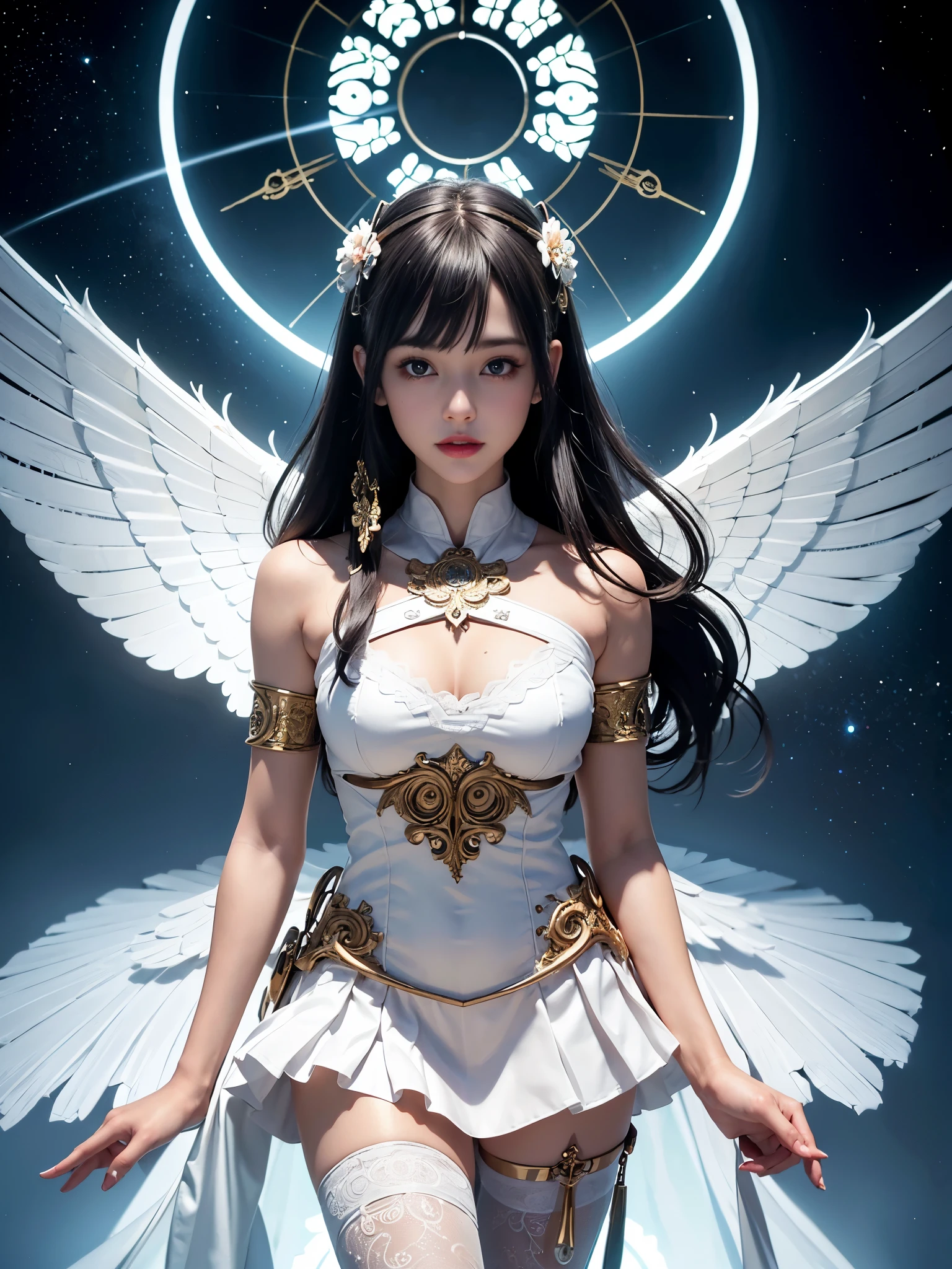 Cyborg, Girl, Beautiful girl, Cute, Sexy, Strong, Slender, Delicate, Smile, (Lolita costume), High legs, Metallic, ultra color, paisley, mandalas, Near future, Heaven, angel, feater, wing, Helix lamp, (The wings are symmetrically paired;1.5),
