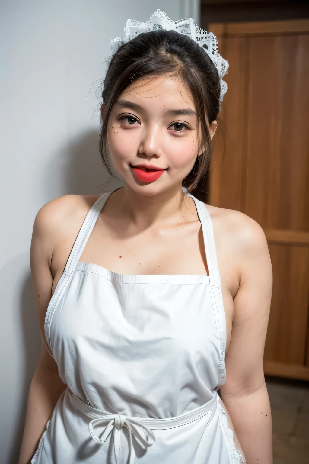 ((Plump body :1.311)), adorable, 1 girl, (face to face), , baby face, happy, medium portrait, (face details: 1), (eye details:1), ((naked big breasts)). wearing ((mini apron)), .. Cute posed. proportional body. Ultra High Res. realistic: 1.4, UHD, poke a bun Hairstyle , lace (((THICKLIPS:1.7))