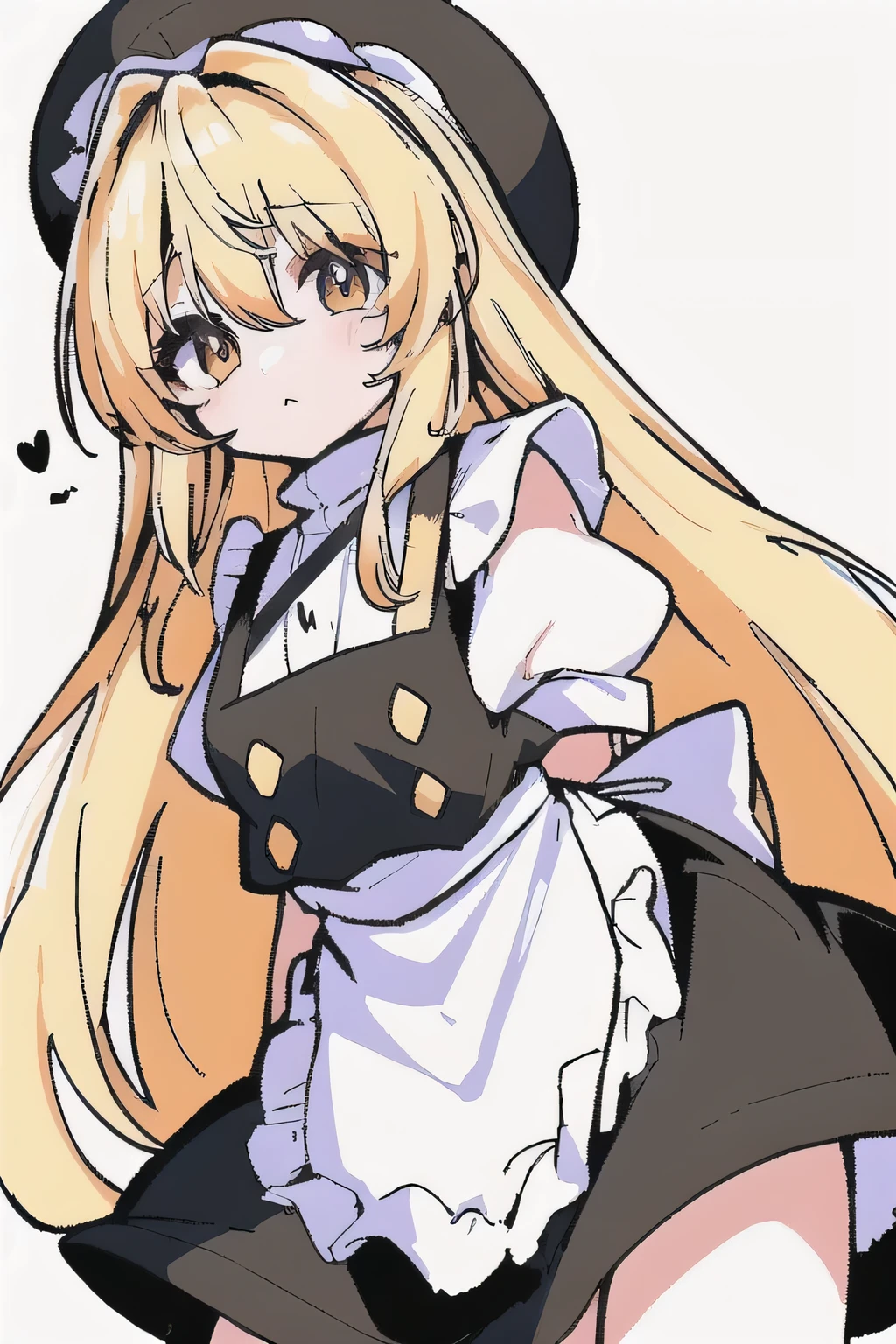 Please draw one《Fantasy Village Night Festival》Marisa Q-version figurine from the Touhou Project。She has long, shiny golden hair，。Marisa in her signature maid outfit，On his head he wore a large black hat with a large white bow.，The white apron is tied with a big white bow.，。Her expression is playful，There is a hint of cunning in the eyes。The overall shape is cute and full of vitality，Presented in a standing position。Stylistically，Adopt Q version cartoon style，Clean lines，Bright colors，No background required，Only Marisa&#39;s single character image is shown，Please note that the style is pixel art style