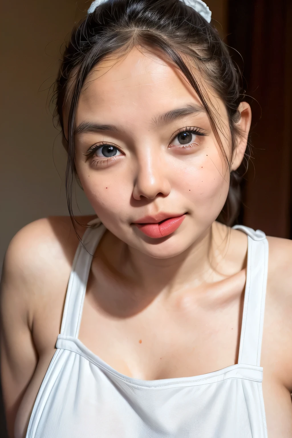 nswf, (selfie shot:2), ((small breasts:2)), ((Extreme Close Up, cleavage:1.5)), (from above:1.3),(wearing Bra top:1.3),Bra top:Black,Emphasize the cleavage,Top quality, 1 beautiful Japanese woman, teen,(18 years old),long Hair, (brown hair:1.2), Wavy Hair,Ultra-realistic capture, Highly detailed, High resolution 16k close-up of human skin. Skin texture must be natural, With such detail that pores can be finely identified. Skin should look healthy, In a uniform tone. Use natural light and color,