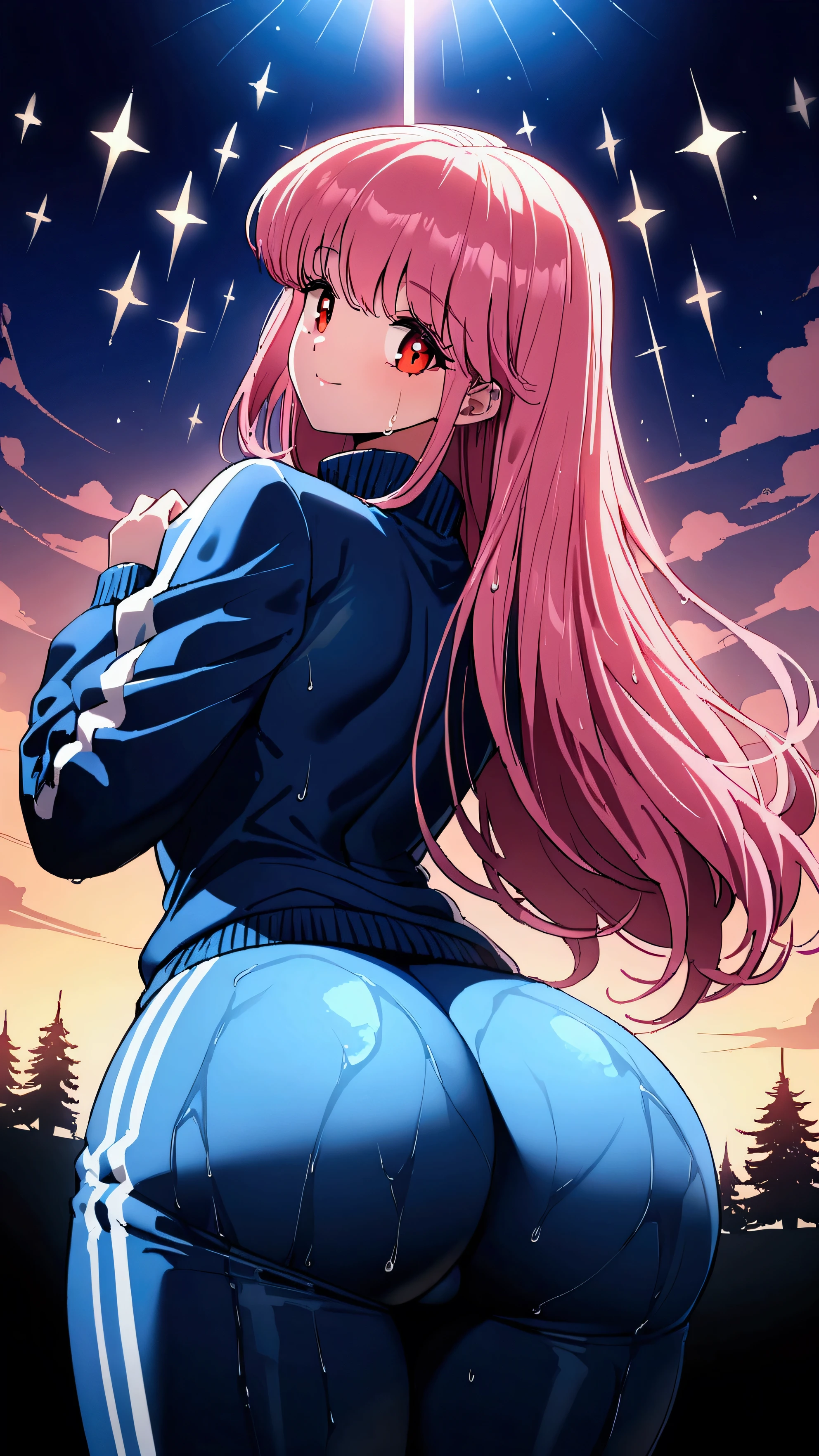 masterpiece, Highest quality, Ultra-high resolution, (beautiful girl: 1.3), Straight Hair,Pink Hair,10th Generation,Big eyes, (Blue sweatpants:1.3), (The jacket is a blue track jacket.: 1.3),((big hips)),Glowing Skin,A light smile,Fujisaki Shiori,Rear view,Red Eyes,The sunset is dazzling when you enter the waterway,Wet,sunset reflection,(skin tight:1.3),Ass close up,((She stands beneath the great, shining tree of legend.))