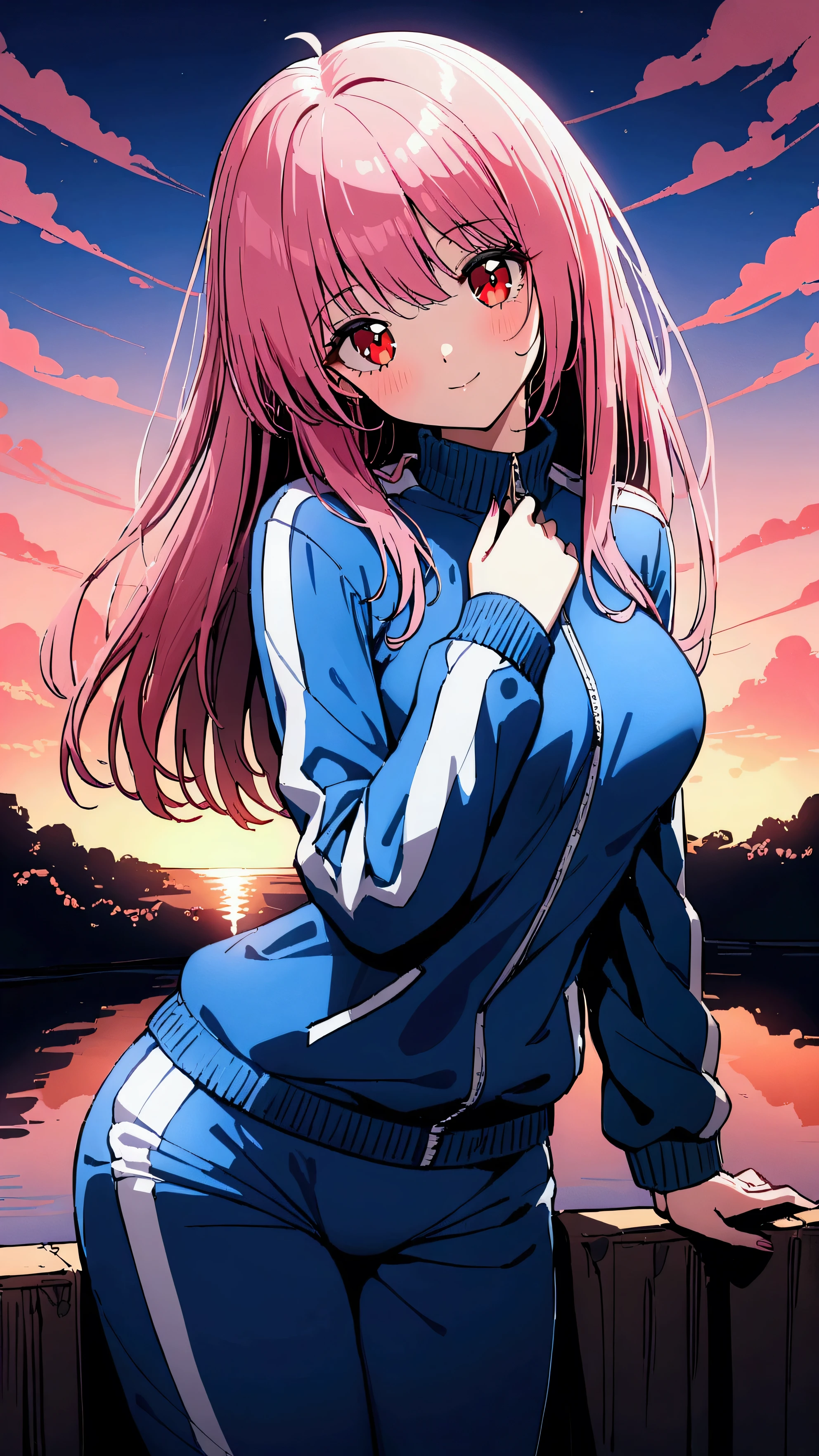 masterpiece, Highest quality, Ultra-high resolution, (beautiful girl: 1.3), Straight Hair,Pink Hair,Teenage Girl,Big eyes, (Blue sweatpants:1.3), (The jacket is a blue track jacket.: 1.3),(big hips),Glowing Skin,A light smile,Fujisaki Shiori,Rear view,Red Eyes,The sunset is dazzling when you enter the waterway,Wet,sunset reflection,(skin tight:1.5),head tilt