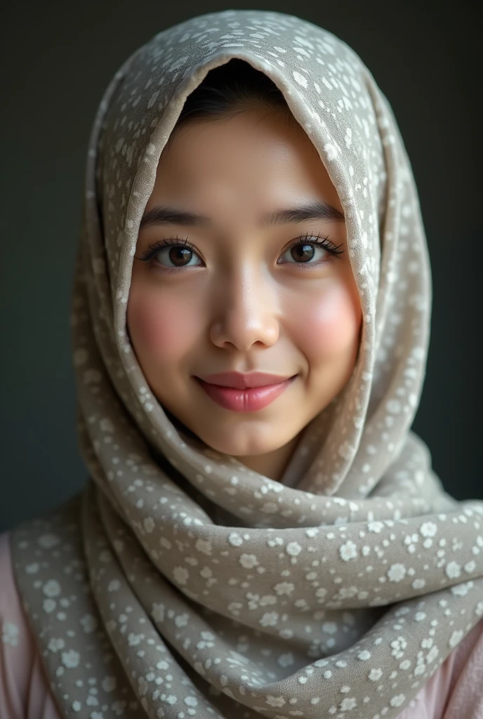 Half body portrait .Hijab girl in studio . Two light photography. Shoot by canon r1. Two soft light come from godox v1.. blue background. pink lips. flat nose. Broad forehead . Wear a split chin scarf for a round face. small eyes. long eyelashes. Pee clean