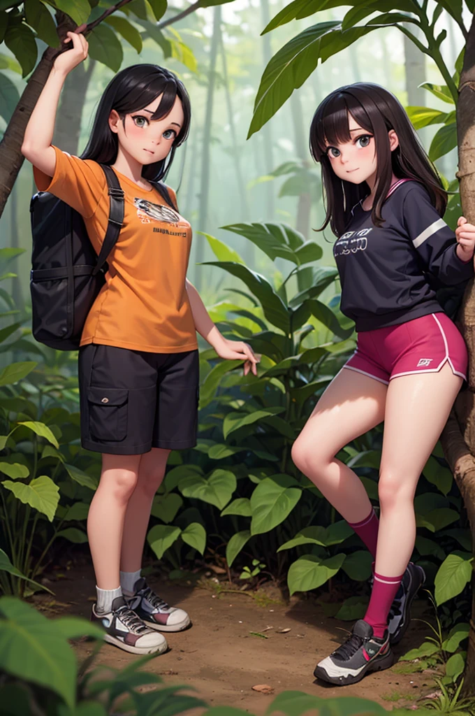 two young female adults in a jungle in nudy revealing expedition clothes