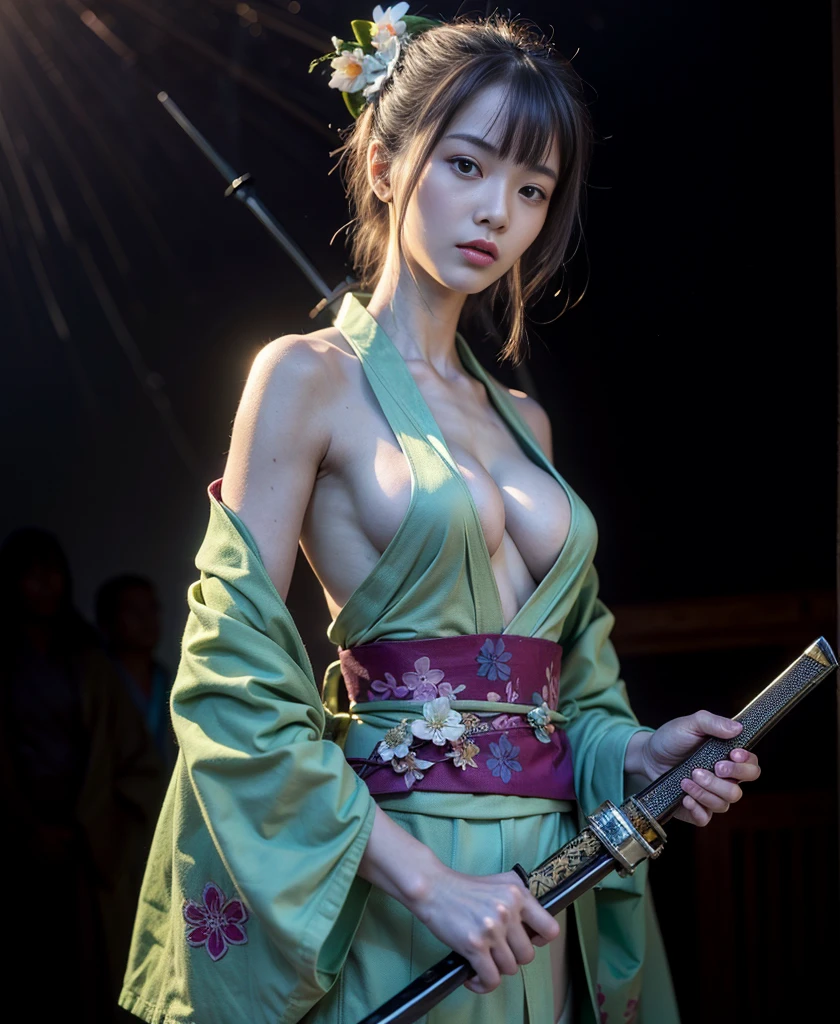 8k,Realistic Skin Texture、Superrealism、Realistic Photo、Japanese women、((Standing with holding on a japanese long sword):1.3)、draw oneself up to one's full height.、The tip of the sword is pointed forwards、wearing ((kimono, exposed cleavage):1.4)、 barefoot、Shinjuku Alley、Innovative composition、upperbody photo、、A wistful look、((Tattoo))、rain, photon mapping, dramatic lighting