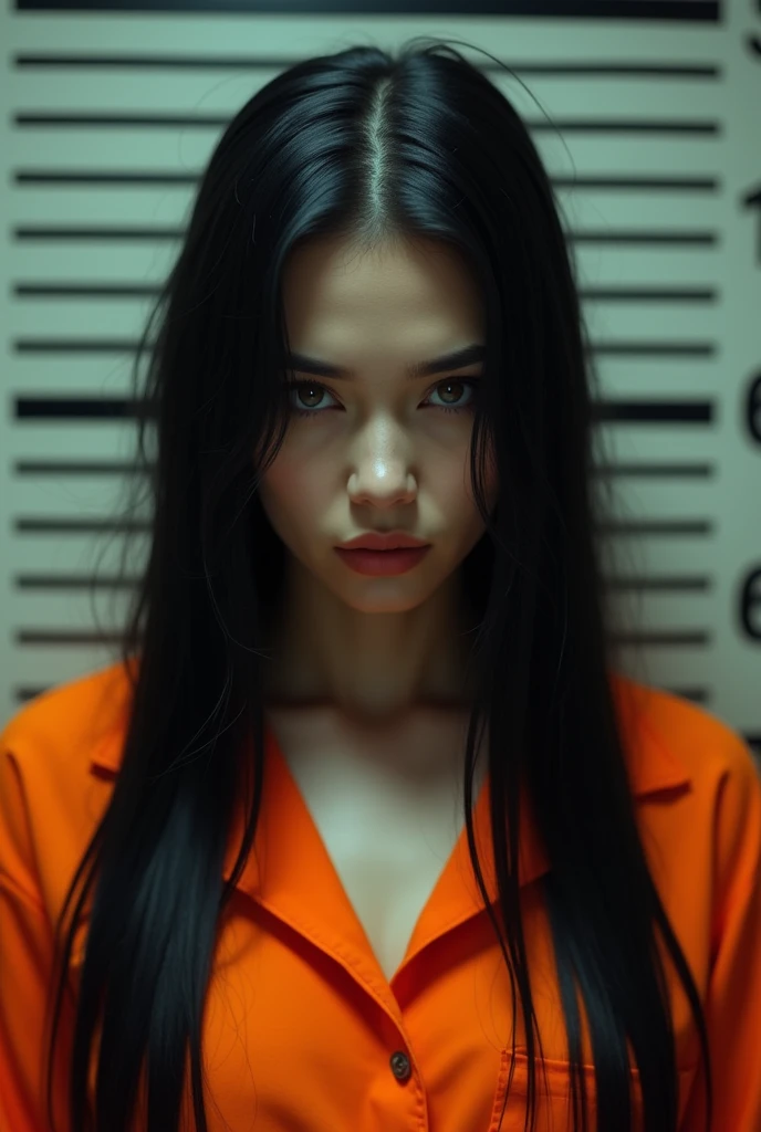 A beautiful Instagram model, long black hair , at prison , beautiful make up , orange prison jumpsuit, full body view, in cage
