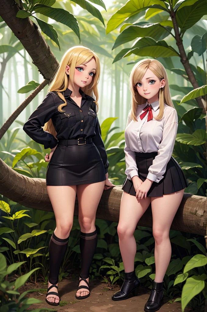 two young female adults with blonde hair in a jungle in nudy revealing expeditional uniforms