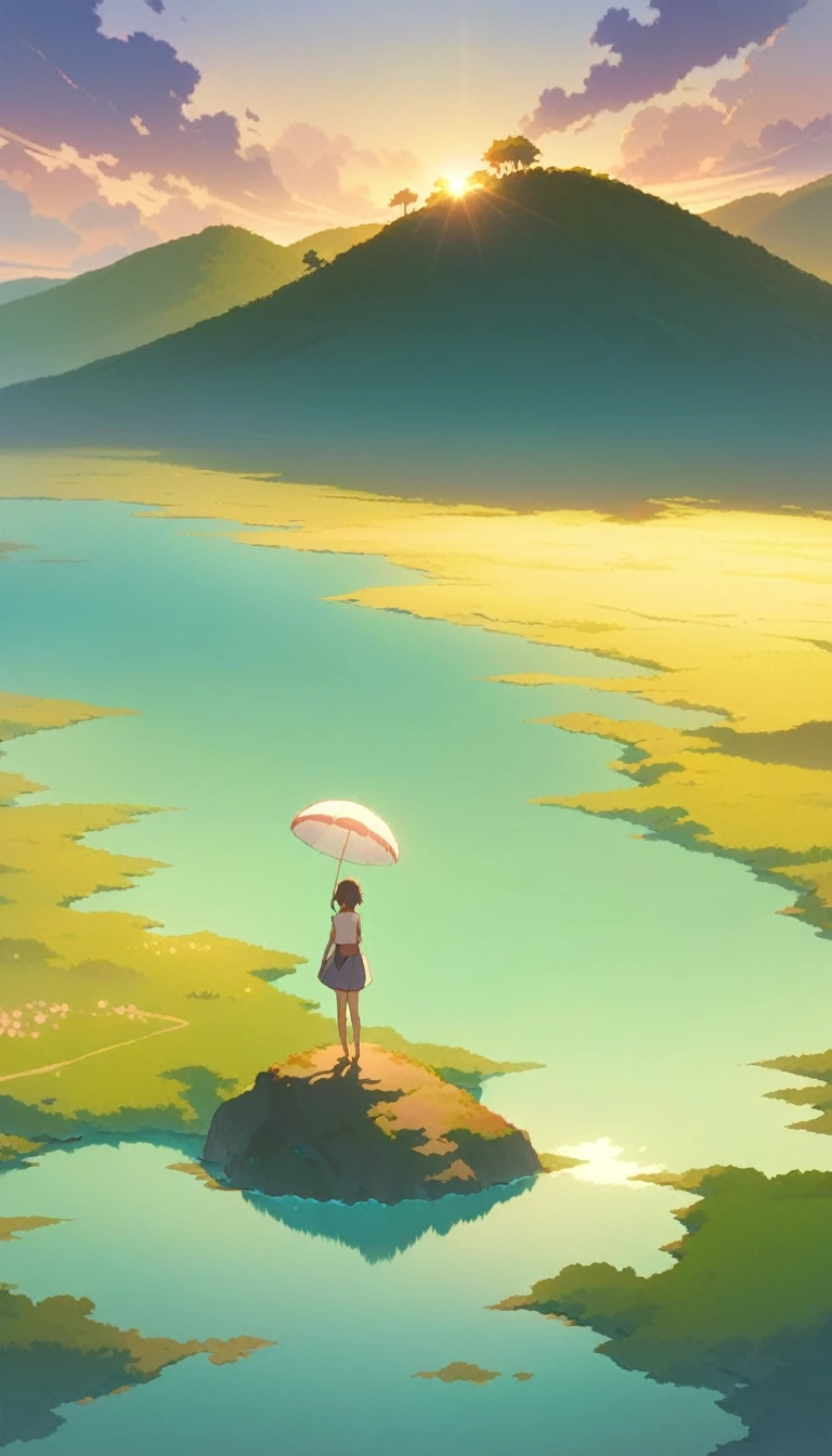 masterpiece, best quality, 4k highly detailed digital art, anime art wallpaper 4k, 8k high quality detailed art,anime art wallpaper 8 k, beautiful anime scene, A young woman with long brown hair sits on a rock overlooking a vibrant green landscape. She is wearing a white shirt and a blue skirt, and her legs are stretched out in front of her, with one foot resting on the ground. There are clouds in the sky behind her, with some of them taking on a pink hue. The vast green landscape in the foreground is reminiscent of farmlands or fields, with a hint of small houses and roads visible in the distance. The vibrant colors and the peaceful atmosphere suggest a beautiful summer day. The overall impression is one of tranquility and serenity, with the woman appearing to be enjoying the view.