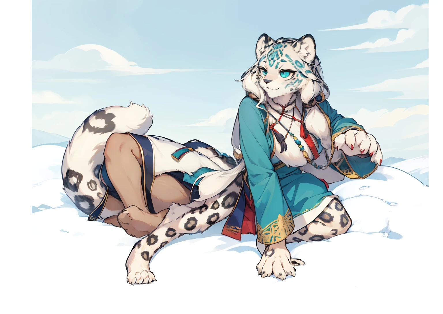 High resolution, top quality, best quality, Paid rewards available,, illustration, hairy, mammal,snow leopard personification，woman，whole body，tibetan style，Tibetan jewelry，Dark blue coat，white lining，清澈的Sky, movie lighting, Sky, sunny Sky,，grassland， horizon background,(Snow Leopard Fur:1.1,hairy質感:1.2), (Natural background:1.1,高地grassland:0.9), (Soft natural light:1.1), (Detailed facial features:1.1,expressive eyes:1.2), (calm and serene expression:1.1), (Flowing and layered clothing:1.1), (Gorgeous and intricate accessories:1.1), Fine hairs, exquisite eyes, anime style illustration, whole body 雪豹, Animal ears, Tail, Body hair, 1 名woman孩, whole body, 1 名woman孩, alone, long hair, white hair, *//*, Green eyes, *//*, Dark blue Tibetan clothing，tibetan decoration，Determined eyes，hunter，Smile,