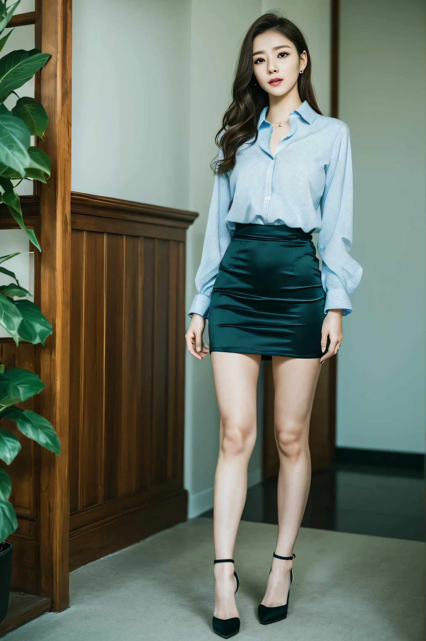 1 girl, (Highest quality, Ultra-high resolution、masterpiece、8K)、(Delicate face, Detailed eyes and face, Watery eyes, double eyelid, Glossy lips),  (Above the knee shot), Shorthair, Very beautiful woman, Slender, Slim Big, Sharp long legs, Alluring and sexy、(Colorful collared shirt, Long satin skirt), (High heels)、Cleavage, Perfect Anatomy, Anatomically correct, High-definition skin texture, Professional Lighting, detail high heels, Business, Standing post, Green Theme
