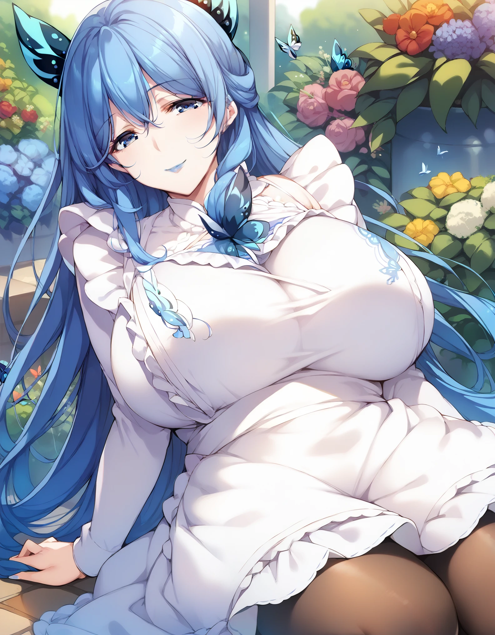 masterpiece, score_9, score_8_up, score_7_up, source_anime, extremely detailed, high quality, 1girl, milf, solo, Mai Aoe, (huge breasts), ((((blue hair), long hair, blue eyes))), blue lips, (((butterfly hair ornament, sweater dress, long sleeves, white apron, frilled apron, pantyhose))), ((naughty smile), closed mouth), ((outdoor, garden))