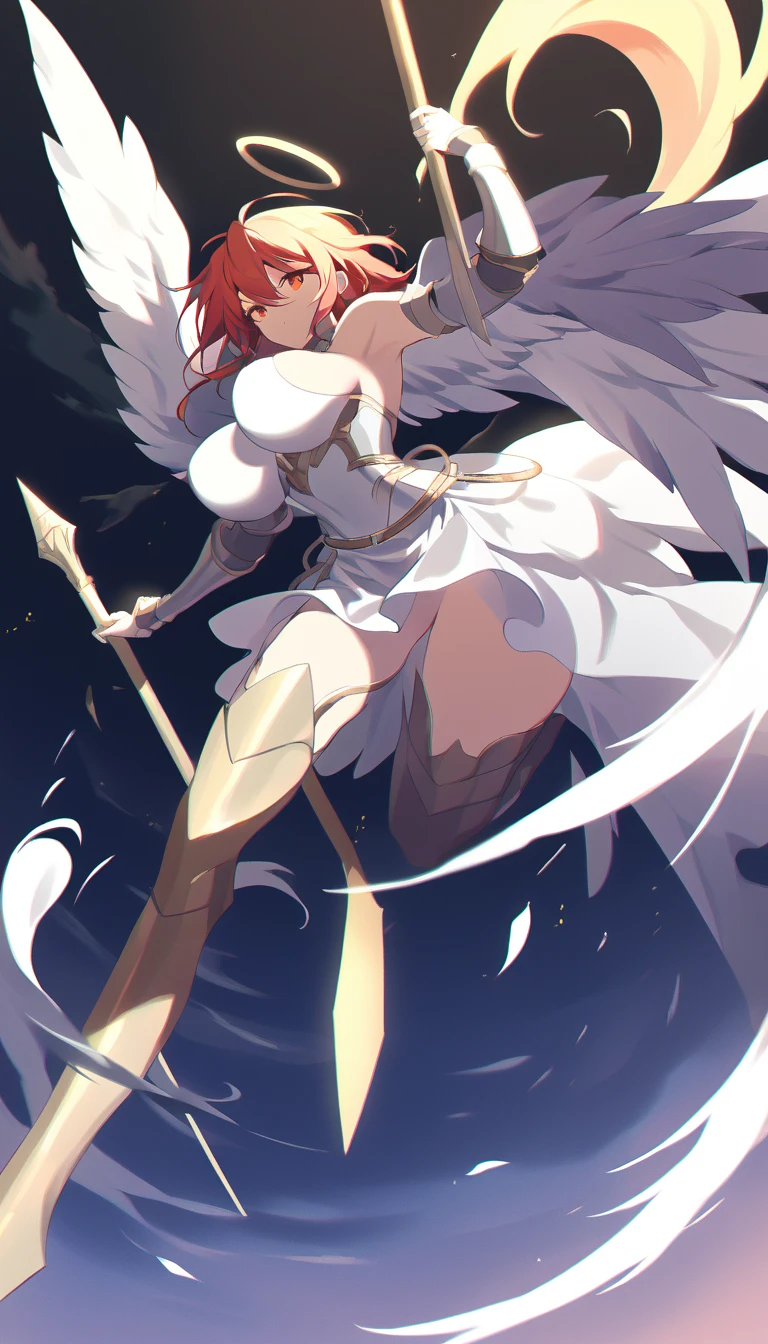 Angel、Very large breasts、White dress、背中にAngelの翼、ギザギザのAngelの輪、The background is the sky、Flying in the sky、Straight golden spear、、Silver armor、Glowing red eyes、Dynamic pose、Low - Angle