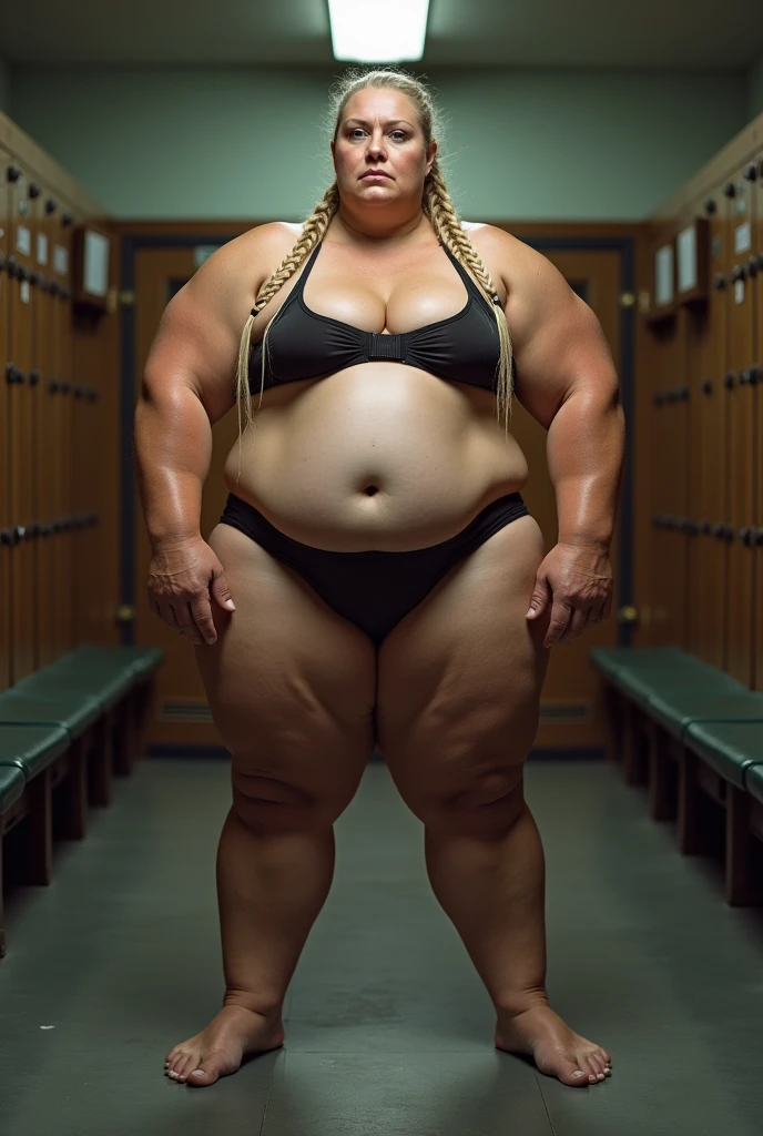 a 50 years old barefoot Russian professional wrestler 2.00m and 190lb with beautiful face with big blue eyes and a very corpulent body, very flabby and huge breasts wears a small and tiny white bikini very tight for her huge body… she is barefoot and wears a braid in her blonde hair in a gym. she makes signs while giving instructions to the crowd with an expression of authority, she has many tattoos all over her body from the Russian mafia the other people wear athletic clothes and sneakers…. there is a mirror in which you can see her butt