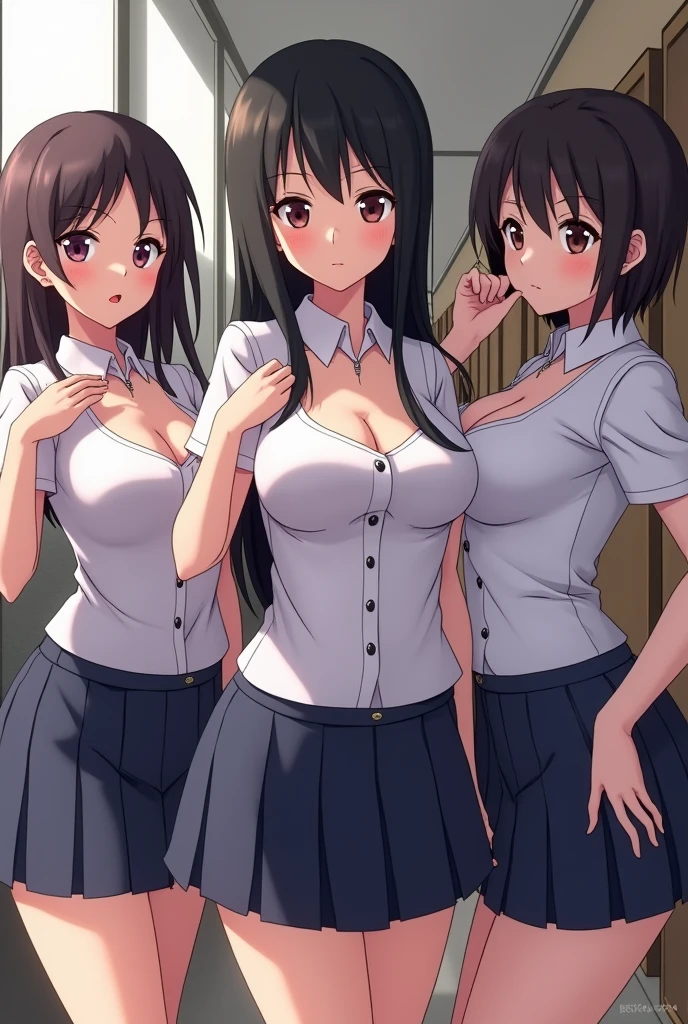 ((Three high school girls standing in a row、tits、Big Breasts、Cleavage、Erect nipples、Highest quality、detailed、White shirt、black pleated mini skirt))