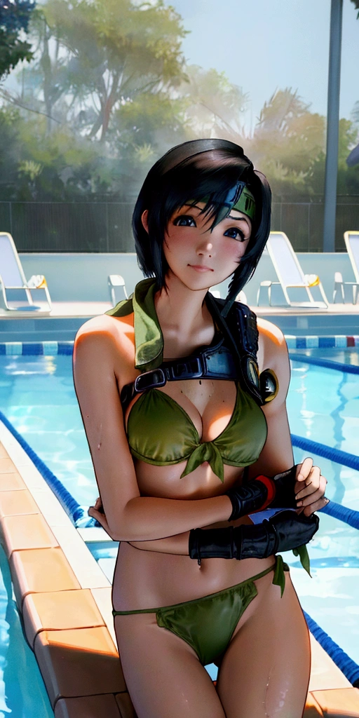 Yuffie kisaragi, final fantasy 7, 1girl,Seios enormes, seios pendurados, seios gigantescos, sbikini, Olhando para o Viewer, sorrir, heaven,oceano,swimsuit under clothes, de cima, ajuste do mamilo, Areola,large areolas, mamilos inchados