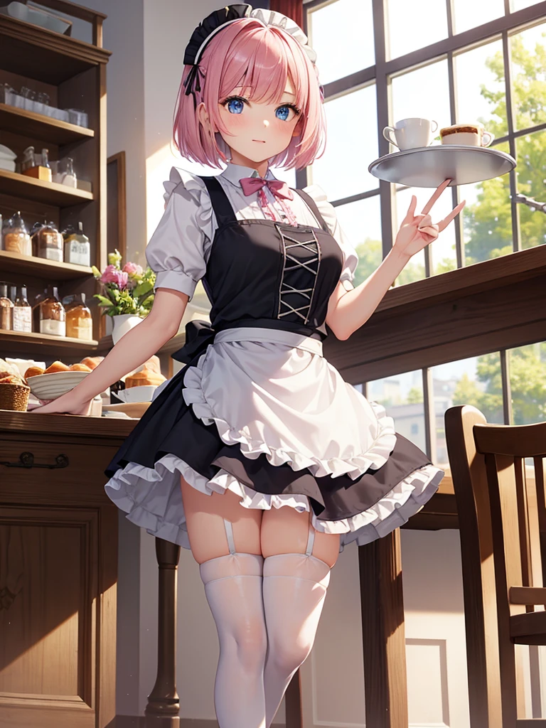 Young adult girl, medium bob cut hair, pink hair, blue eyes, maid dress, apron, frills, short skirt, standing in cafe, rim light, holding tray, black thighhighs, frilled thighb bands, posing casually, perfect body