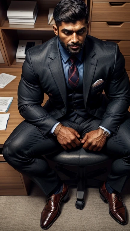 From above view, Black man business suit, formal shoes, secretly mastrbate in office store room with spread legs, pain is ragging on face, mouth open during moaning and pain, Handsome Indian 30 years old beared businessman secretly masturbate in office store room standing with spread legs,  stunning visual, profile image, in style of ultra realistic, standing close-up on spread legs, detailed style, functional and elegant look, in style of realistic, crisp details, hd, hdr, D750F nikon camera photography 