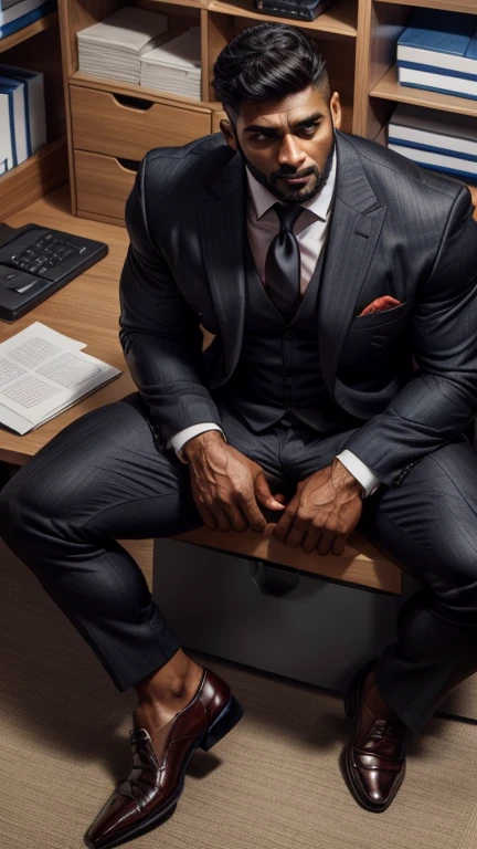 From above view, Black man business suit, formal shoes, secretly mastrbate in office store room with spread legs, pain is ragging on face, mouth open during moaning and pain, Handsome Indian 30 years old beared businessman secretly masturbate in office store room standing with spread legs,  stunning visual, profile image, in style of ultra realistic, standing close-up on spread legs, detailed style, functional and elegant look, in style of realistic, crisp details, hd, hdr, D750F nikon camera photography 